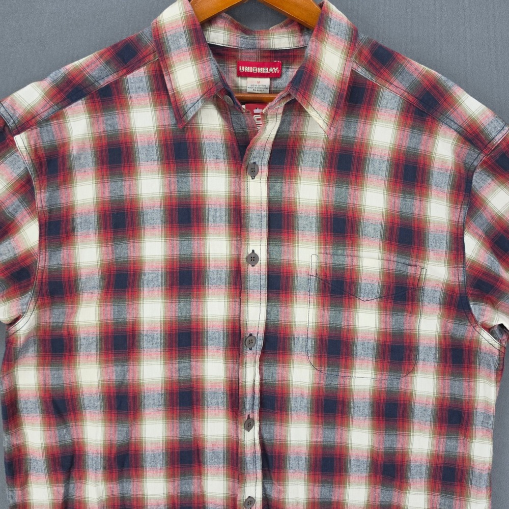 Unionbay Mens Medium Red Navy Plaid Short Sleeve Button Down Cotton Shirt